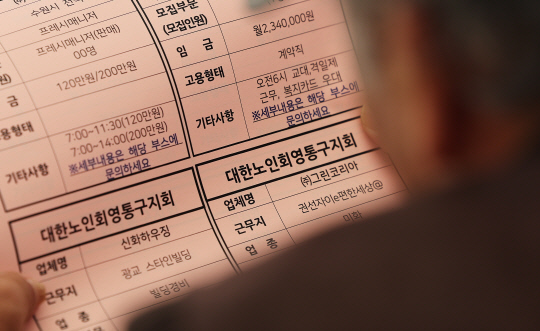 11일 오후 경기도 수원시 화성행궁 광장에서 열린 '수원시 노인 일자리 채용한마당'에서 어르신이 채용 정보를 살펴보고 있다. [연합뉴스]